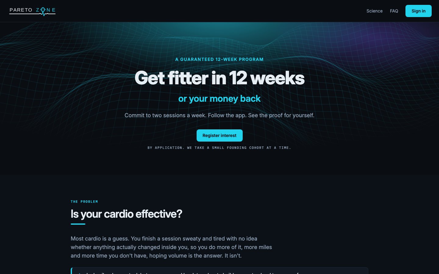 Screenshot of the Pareto Zone fitness platform