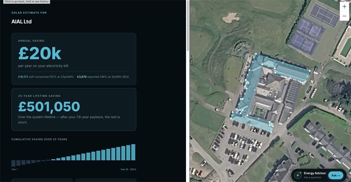 Screenshot of the Eko19 solar estimator tool