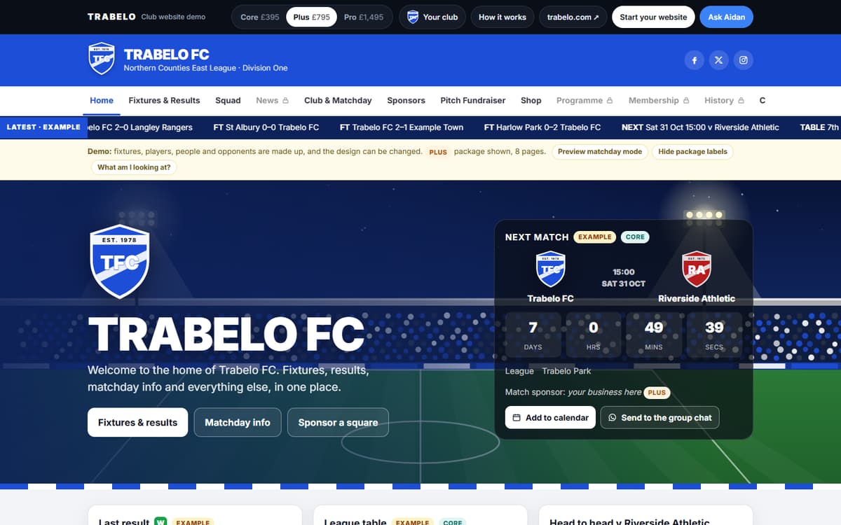 The Trabelo FC demo: a club home page with a floodlit stadium, next-match countdown and results ticker